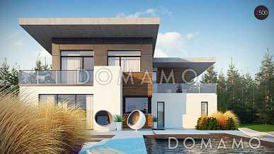 Проект просторного современного двухэтажного дома из газобетона с плоской крышей,  с четырьмя спальнями, гаражом и террасами на обоих этажах