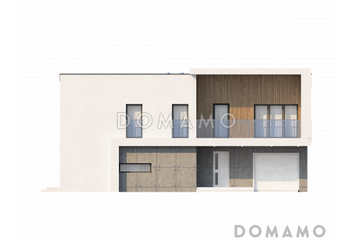 Проект просторного современного двухэтажного дома из газобетона, с пятью комнатами, гаражом и двумя лоджиями / Фасад 1