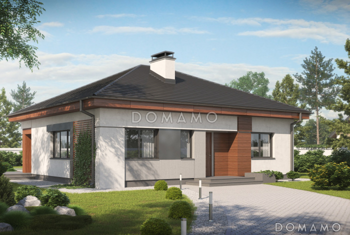 Проект одноэтажного дома из кирпича с тремя спальнями и небольшой крытой угловой террасой, увеличенная версия 273