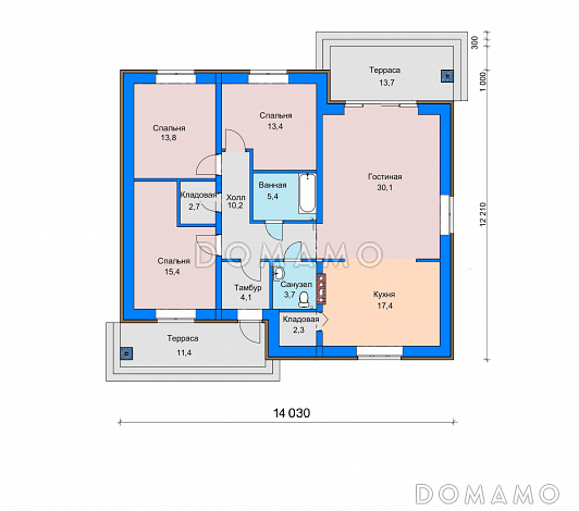 Проект дома с кладовой в кухне, двумя террасами, просторной гостиной / План 1 этажа