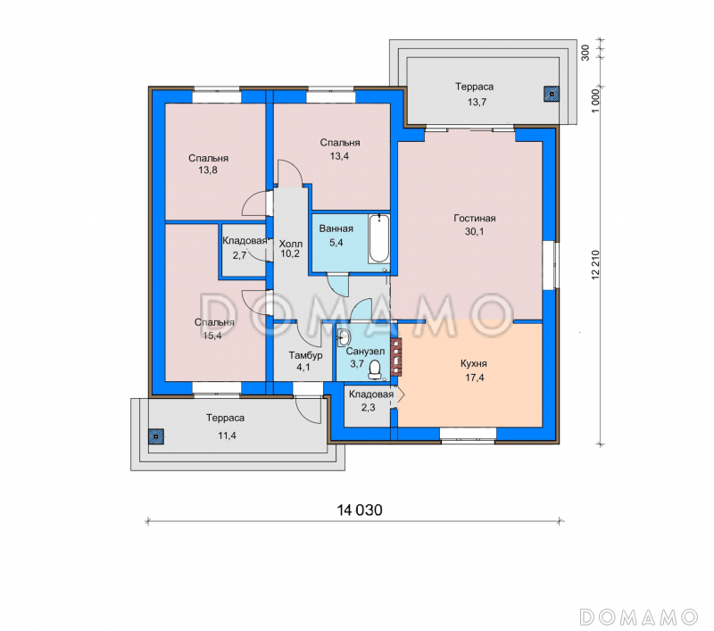 Проект дома с кладовой в кухне, двумя террасами, просторной гостиной / План 1 этажа