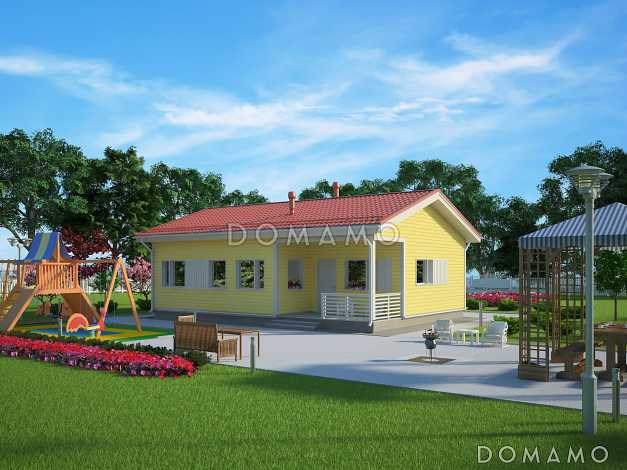 Проект одноэтажного каркасного дома с двумя спальнями и небольшой террасой