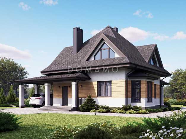 Проект дома с навесом на 2 машины, гостевой комнатой внизу и тремя спальнями наверху