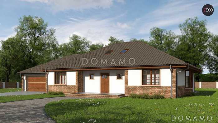 Проект одноэтажного дома из газобетона с мансардой, гаражом на два автомобиля и зоной барбекю на террасе 