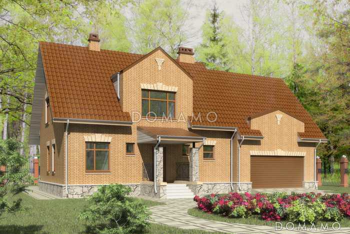 Проект дома с эркером в гостиной и гаражом для двух машин