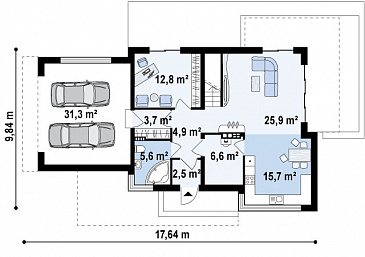 Проект двухэтажного дома из кирпича в стиле модерн, с четырьмя спальнями, кабинетом и гаражом / План 1 этажа