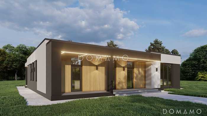 Проект одноэтажного дома с мастер-спальней, просторной кухней-гостиной и блоком с тремя спальнями