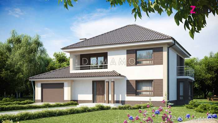 Проект двухэтажного дома из кирпича с эркером и балконом над ним, с тремя спальнями, кабинетом и гаражом