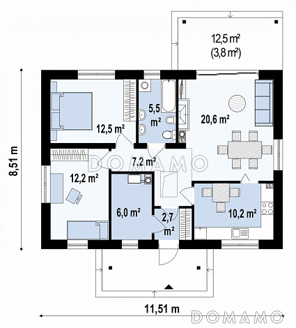 Проект компактного одноэтажного дома из кирпича с двумя спальнями, техническим помещением и изолированной кухней / План 1 этажа