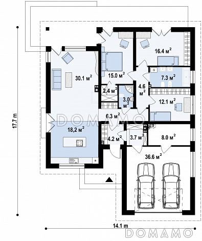 Проект современного одноэтажного дома из кирпича с тремя спальнями и большим фронтальным гаражом, с изменённой крышей и крытой террасой / План 1 этажа