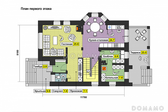 Частный дом с эркером, крытой террасой, балконом, большой кладовой на мансарде / План 1 этажа