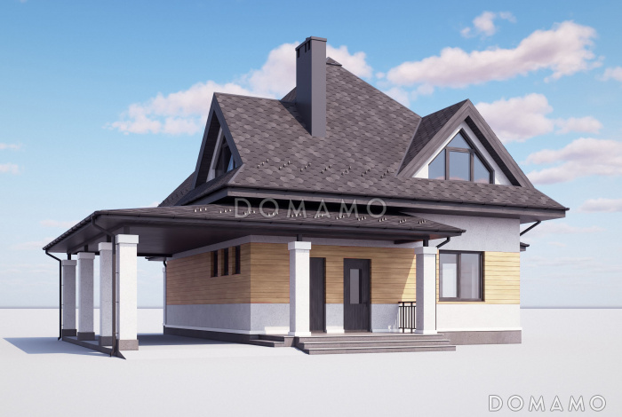 Проект дома с навесом на 2 машины, гостевой комнатой внизу и тремя спальнями наверху