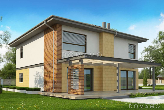 Проект простого комфортного двухэтажного дома из газобетона со вторым светом, тремя спальнями и гаражом