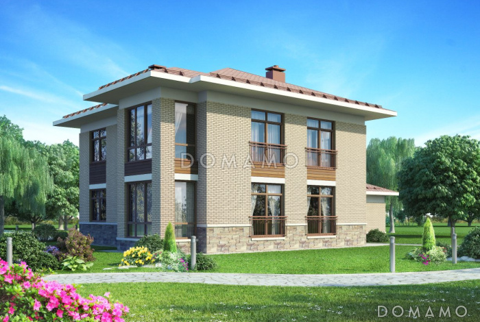 проект двухэтажного дома с большой гостинной и гаражом на две машины