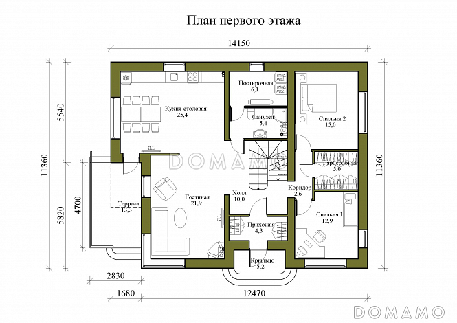 Проект двухэтажного дома из газобетона с двускатной крышей с подвалом, террасой и балконом / План 1 этажа