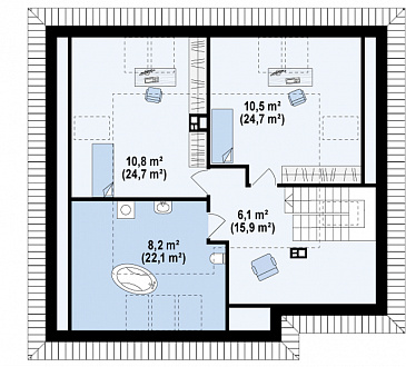 Проект мансардного дома из кирпича с двумя спальнями на первом этаже и двумя на мансарде / План мансардного этажа