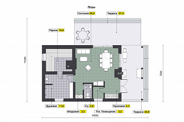 Проект бани из газобетона с барбекю на террасе / План 1 этажа