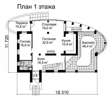 Проект современного дома из кирпича с панорамным остеклением / План 1 этажа