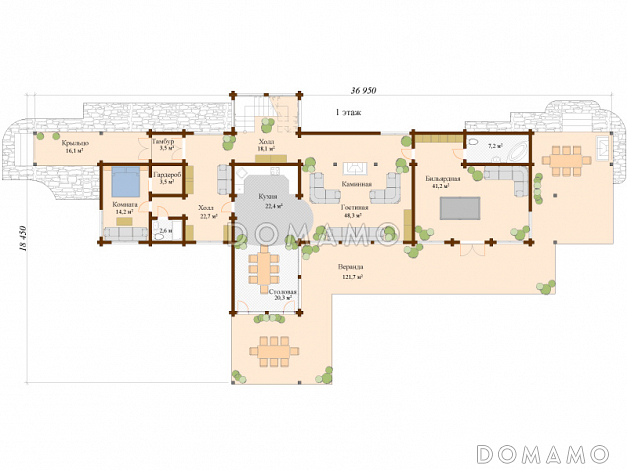 Проект двухэтажного дома из клееного бруса с большой кухней-столовой / План 1 этажа