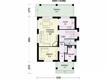 Проект двухэтажного дома с террасой, отдельным входом в котельную, хозяйской спальней с ванной / План 1 этажа