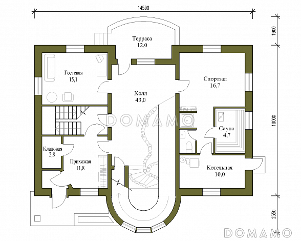 Проект трёхэтажного коттеджа с башенкой и пандусом / План 1 этажа