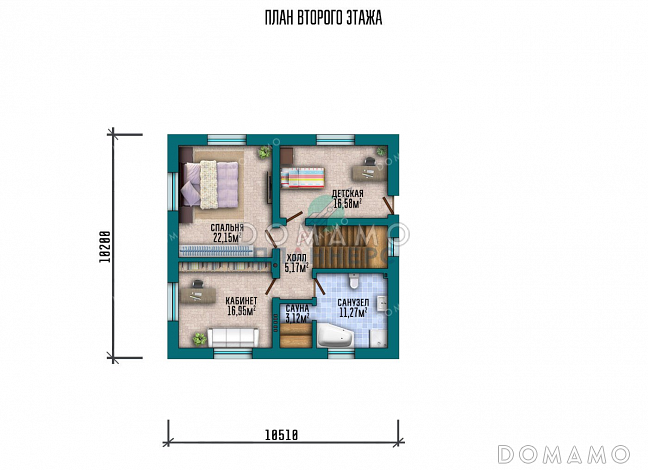 Проект двухэтажного дома с гаражом и террасой / План 2 этажа
