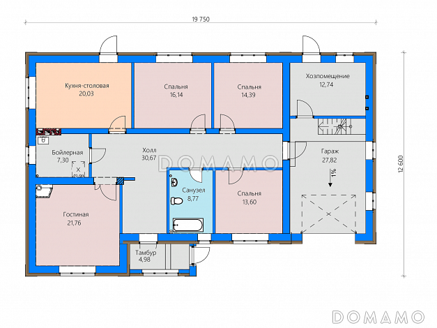 Проект дома с гаражом, хозпомещением, кухней-столовой с выходом во двор / План 1 этажа