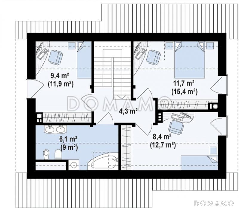 Проект компактного одноэтажного мансардного дома из кирпича с кабинетом и тремя спальнями и большой котельной / План мансардного этажа
