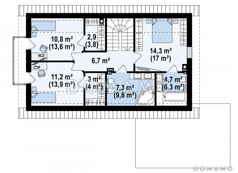 Проект одноэтажного мансардного дома из кирпича с кабинетом, балконом и гаражом / План мансардного этажа