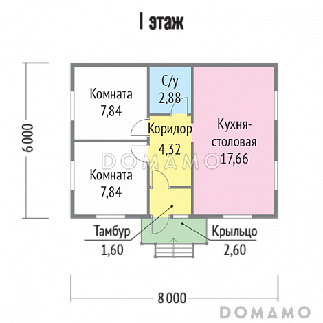 Проект одноэтажного компактного дома из бруса / План 1 этажа