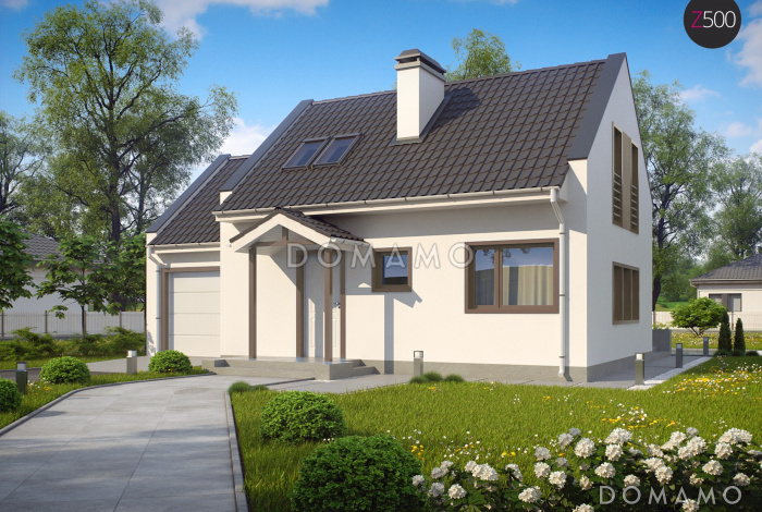 Проект одноэтажного дома из кирпича с мансардным этажом, светлой гостиной и гаражом для автомобиля