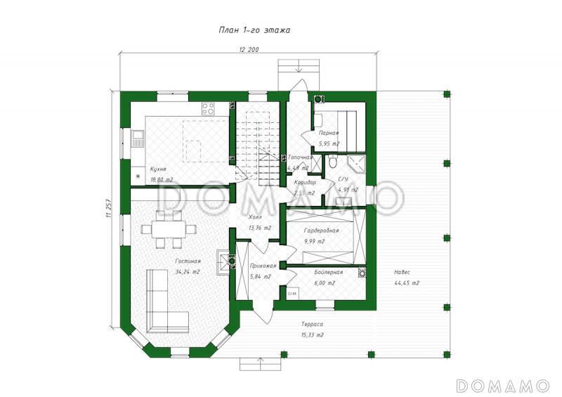 Проект дома из газобетона с эркером и навесом для автомобиля / План 1 этажа