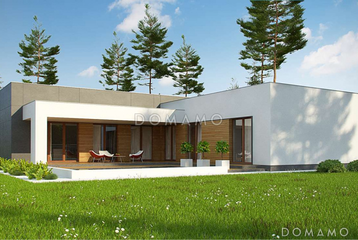 Проект современного одноэтажного дома из газобетона с плоской крышей, с большой угловой террасой и двухместным гаражом 