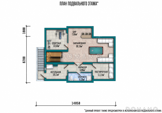 Проект дома со спортзалом и постирочной в подвале, 6 комнатами и террасой / План подвала
