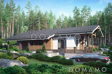 Проект одноэтажного дома с тремя спальнями, двумя крытыми террасами и чердаком