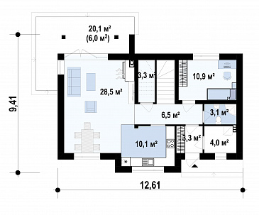Проект загородного дома с камином в гостиной, террасой, кладовой под лестницей / План 1 этажа
