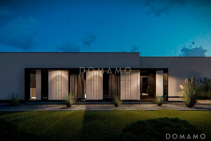 Проект кирпичного одноэтажного дома с плоской кровлей и гаражом на две машины