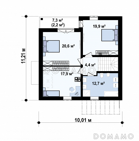 Проект загородного дома с кладовой, балконом, тремя светлыми спальнями в мансарде / План мансардного этажа