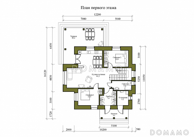 Проект двухэтажного дома из газобетона с двумя каминами на большой террасе и в гостиной / План 1 этажа