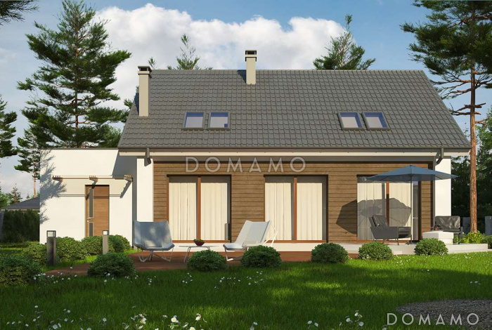 Проект одноэтажного коттеджа из кирпича с мансардным этажом, большой светлой гостиной и пристроенным гаражом