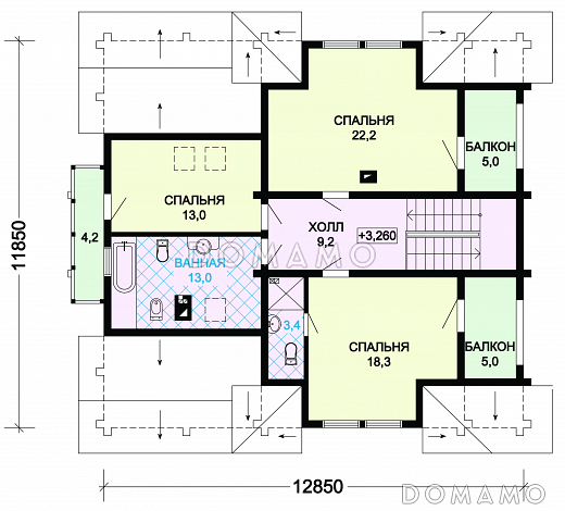 Проект комфортабельного дома из бревна с тремя спальными комнатами и уютной гостиной / План мансардного этажа