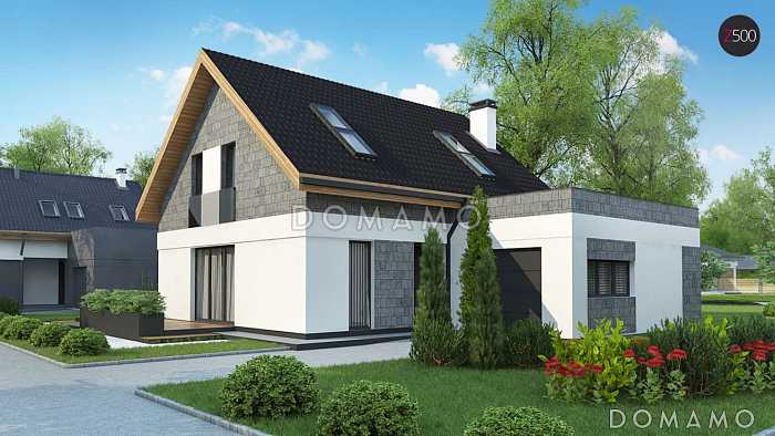 Проект одноэтажного мансардного дома из кирпича с кабинетом, изолированной кухней и гаражом