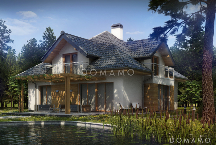 Проект классического одноэтажного мансардного дома из кирпича с дополнительной спальней на первом этаже, с тремя балконами и гаражом на два автомобиля