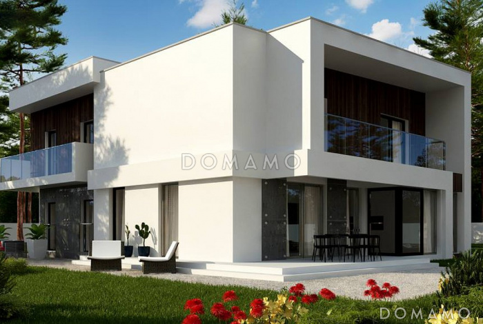 Проект просторного современного двухэтажного дома из кирпича, с пятью комнатами, большим гаражом и двумя лоджиями