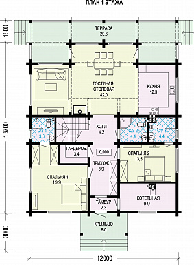 Проект дома-шале со вторым светом в гостиной и балконом на мансарде / План 1 этажа