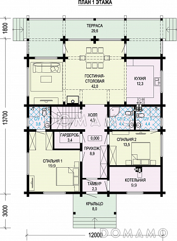 Проект дома-шале со вторым светом в гостиной и балконом на мансарде / План 1 этажа