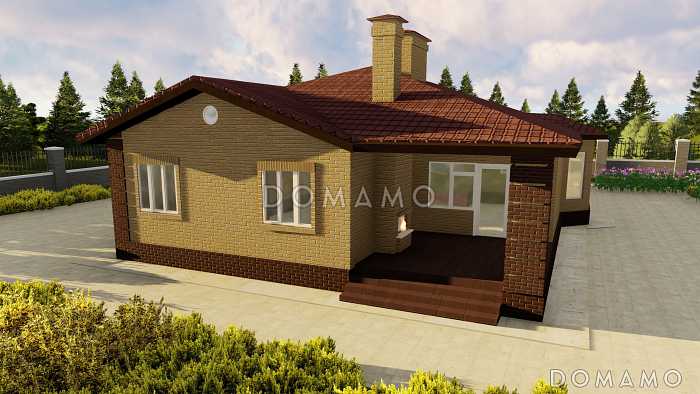 Проект одноэтажного дома с эркером в гостиной, крытой террасой с камином, большой кладовой с окном