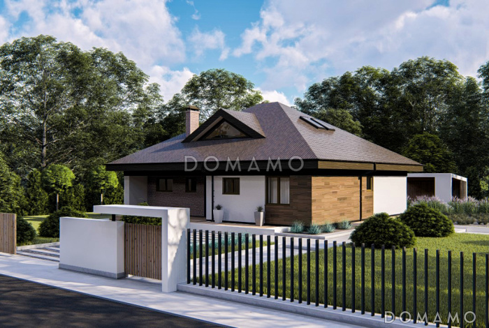 Проект современного дома с мансардным этажом, кладовой, душевой и сауной на первом этаже