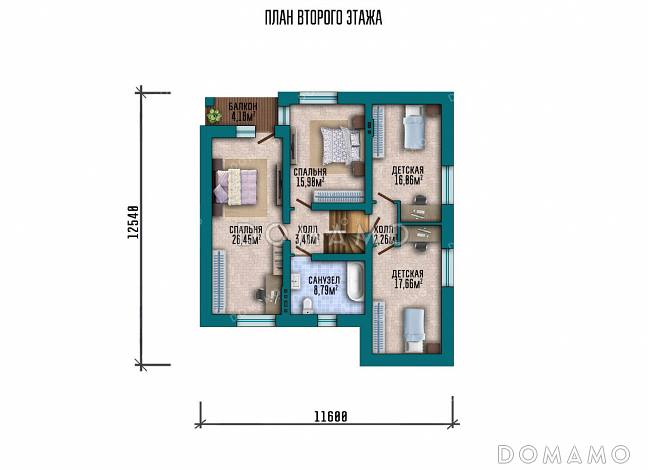 Проект одноэтажного дома с мансардой, гаражом на два автомобиля и террасой / План мансардного этажа