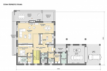 Проект Г-образного дома из газобетона с 3 спальнями, изолированной кухней и зоной барбекю на террасе / План 1 этажа